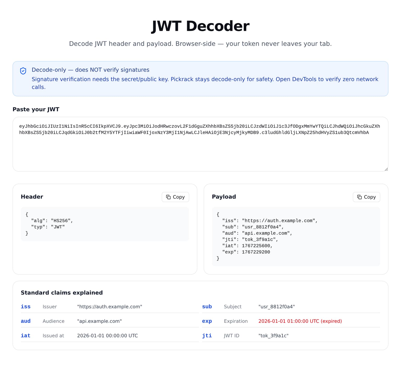 Pickrack JWT Decoder showing a decoded header and payload while the browser has no network connection